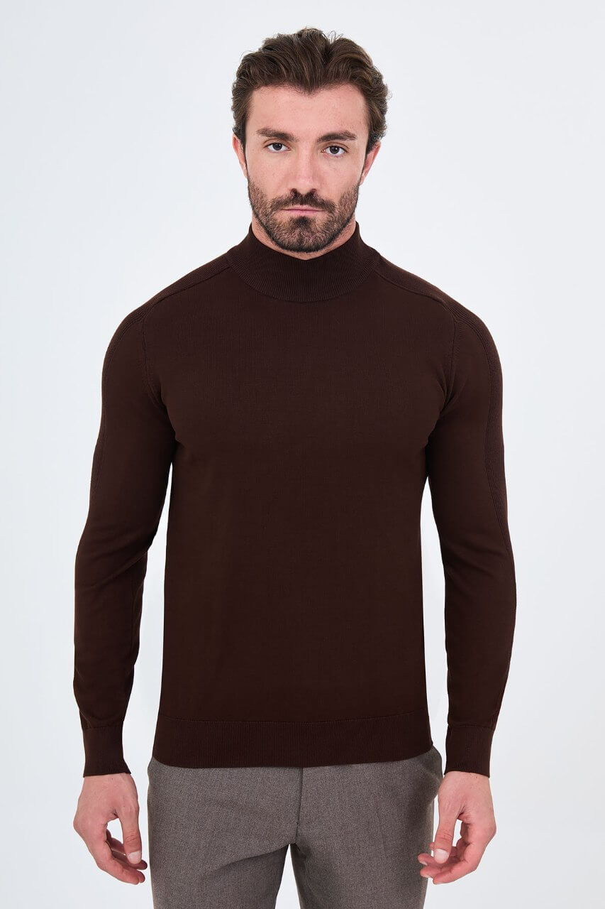 Men's brown slim fit turtleneck sweater with long sleeves for fall winter smart casual outfits
