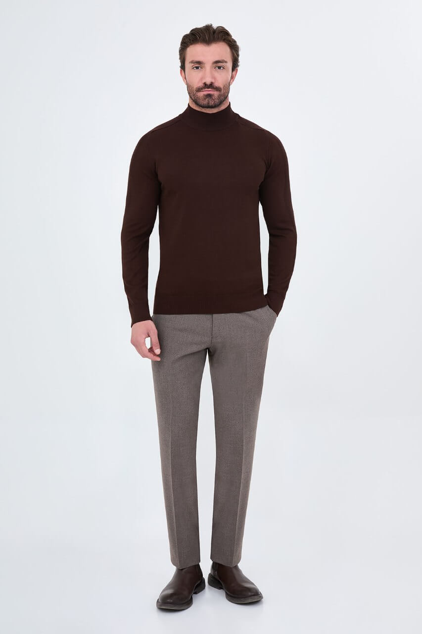 Men's brown slim fit turtleneck sweater with long sleeves for fall winter smart casual outfits