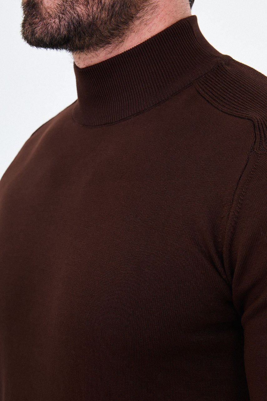 Men's brown slim fit turtleneck sweater with long sleeves for fall winter smart casual outfits