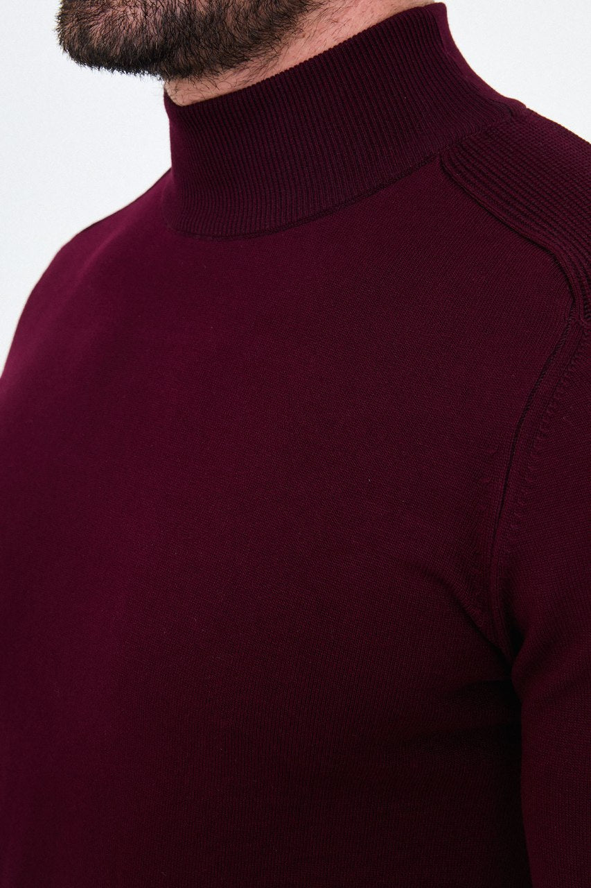 Men's burgundy slim fit turtleneck sweater with long sleeves for fall winter smart casual styling