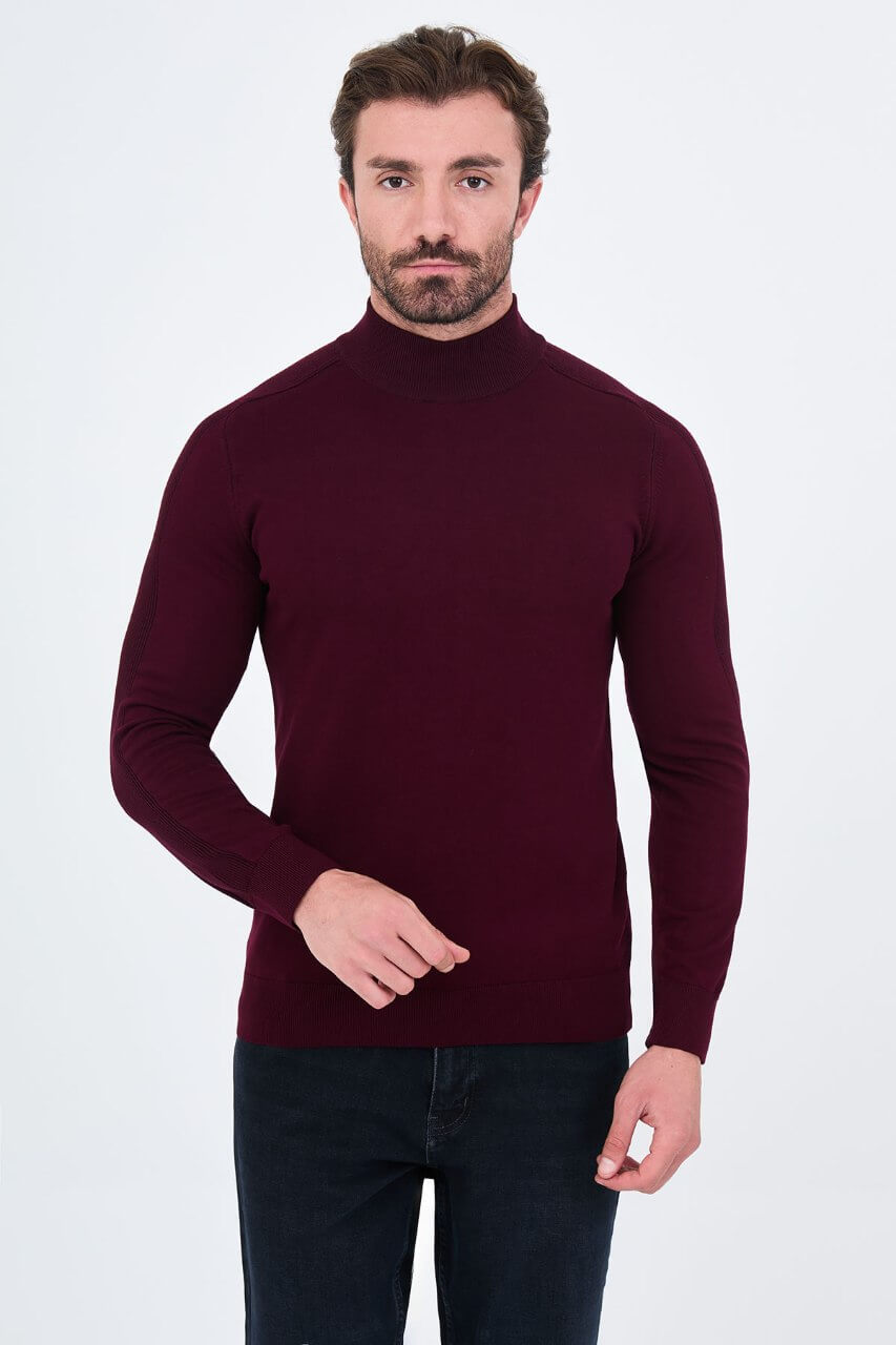 Men's burgundy slim fit turtleneck sweater with long sleeves for fall winter smart casual styling