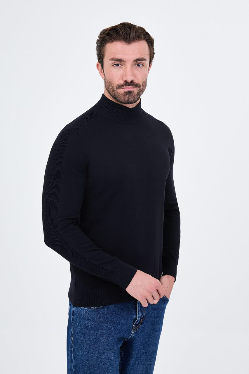 Men's dark blue turtleneck sweater slim fit cotton knit pullover for fall winter smart casual style