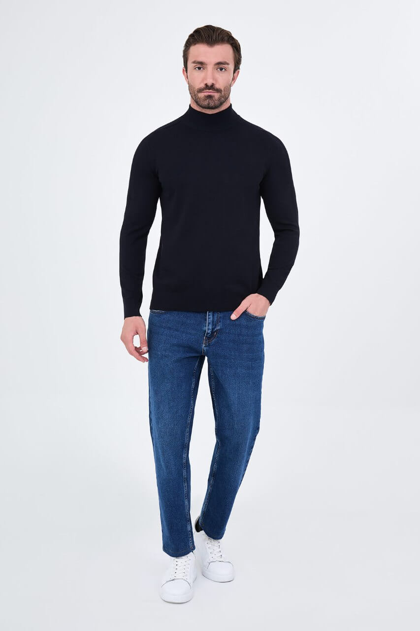 Men's dark blue turtleneck sweater slim fit cotton knit pullover for fall winter smart casual style