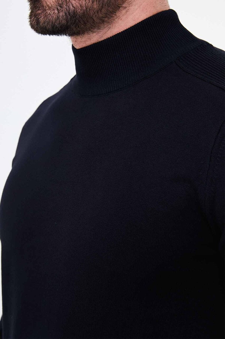 Men's dark blue turtleneck sweater slim fit cotton knit pullover for fall winter smart casual style