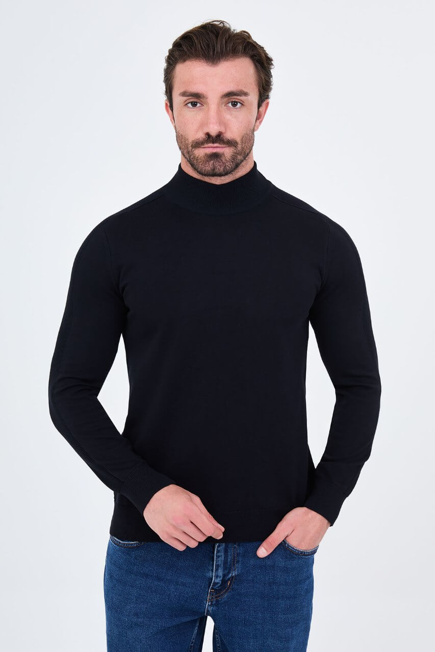 Men's dark blue turtleneck sweater slim fit cotton knit pullover for fall winter smart casual style