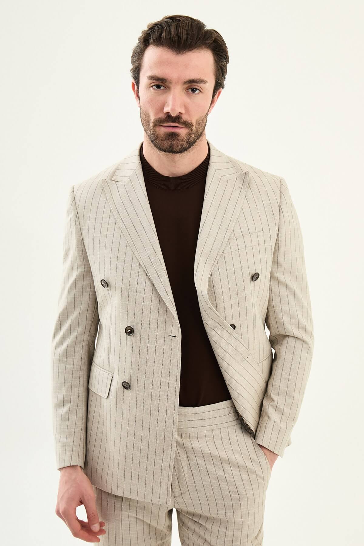 Men’s beige slim fit double-breasted pinstripe suit jacket crafted from a cotton-viscose stretch blend for elegant formal and smart occasion wear.
