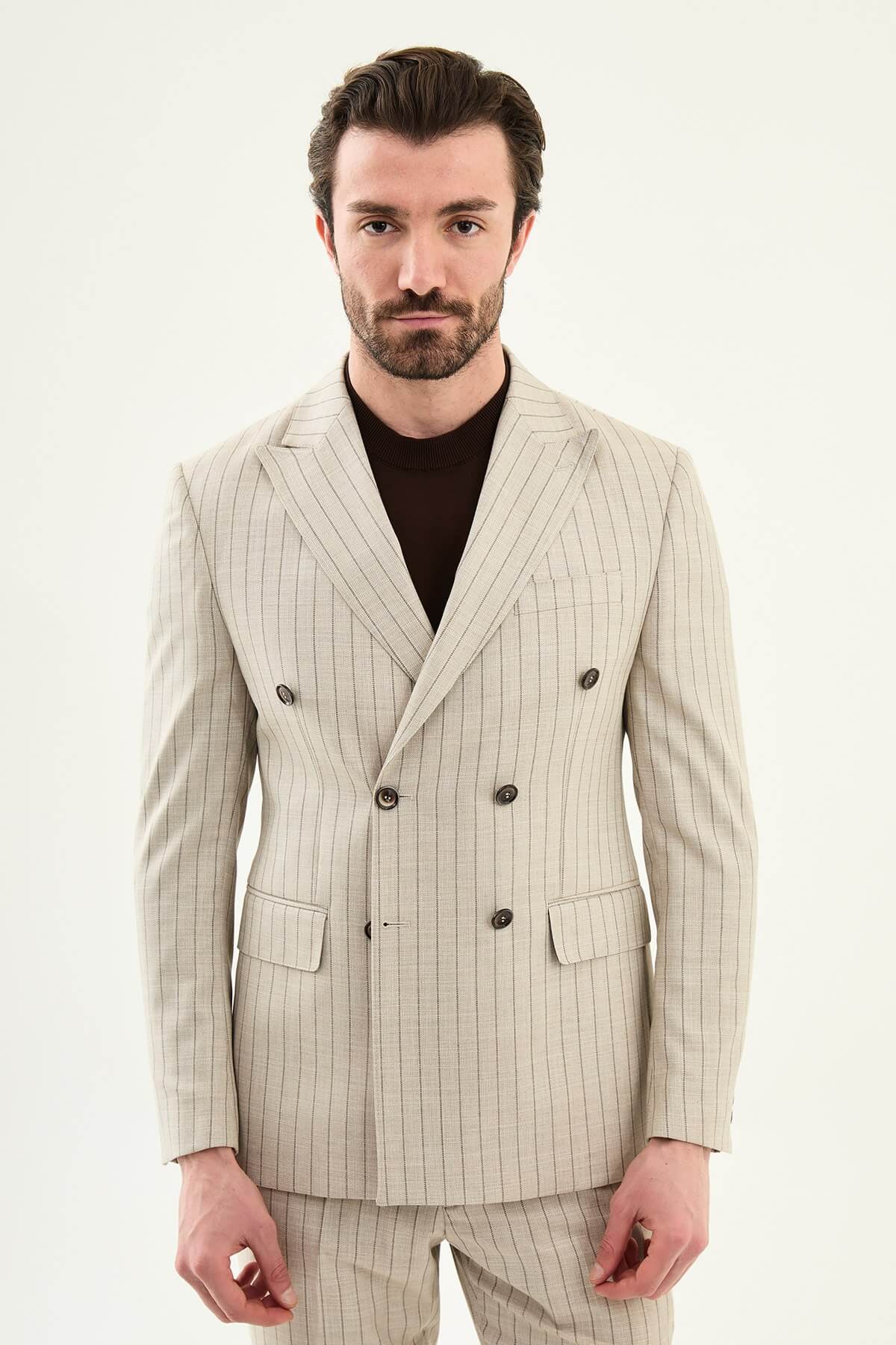Men’s beige slim fit double-breasted pinstripe suit jacket crafted from a cotton-viscose stretch blend for elegant formal and smart occasion wear.