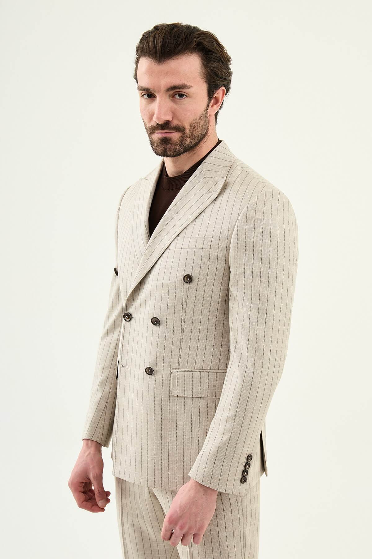 Men’s beige slim fit double-breasted pinstripe suit jacket crafted from a cotton-viscose stretch blend for elegant formal and smart occasion wear.