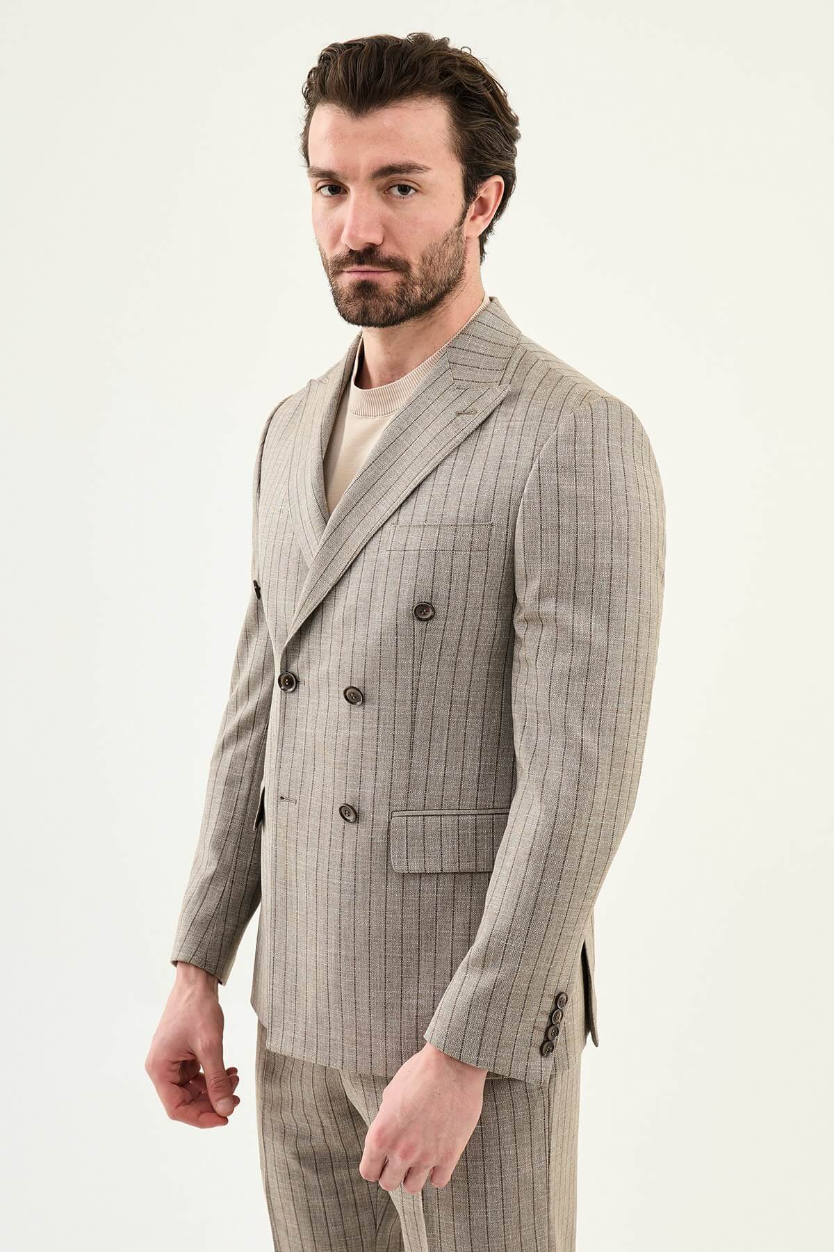 Men’s brown slim fit double-breasted pinstripe suit jacket crafted from a cotton-viscose stretch blend for modern formal and smart occasion wear.