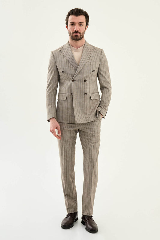 Men’s brown slim fit double-breasted pinstripe suit jacket crafted from a cotton-viscose stretch blend for modern formal and smart occasion wear.