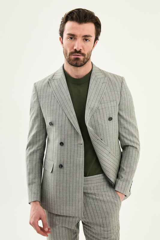 Men's khaki double breasted pinstripe blazer, full outfit view