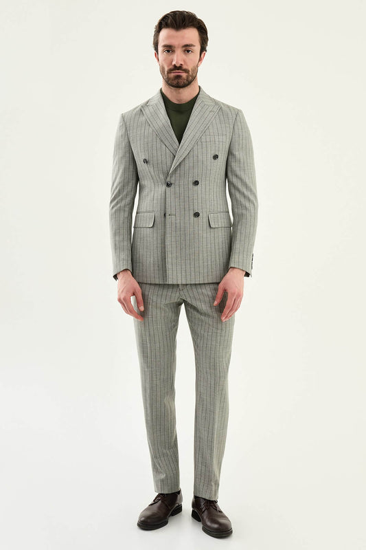 Men’s khaki slim fit double-breasted pinstripe suit jacket crafted from a cotton-viscose stretch blend for modern formal and smart occasion styling.