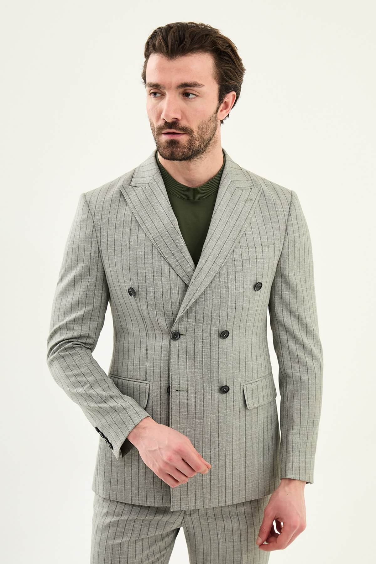 Men’s khaki slim fit double-breasted pinstripe suit jacket crafted from a cotton-viscose stretch blend for modern formal and smart occasion styling.
