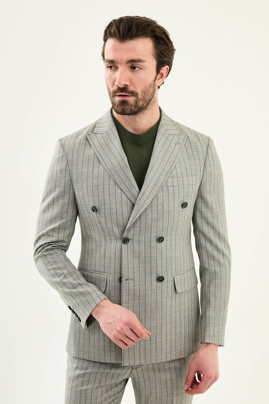 Khaki double breasted pinstripe blazer styled buttoned, side view