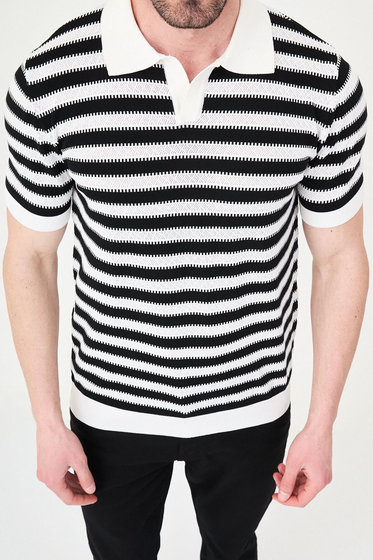 Men’s black slim fit lapel collar knitwear polo T-shirt with short sleeves, styled for smart-casual summer fashion.