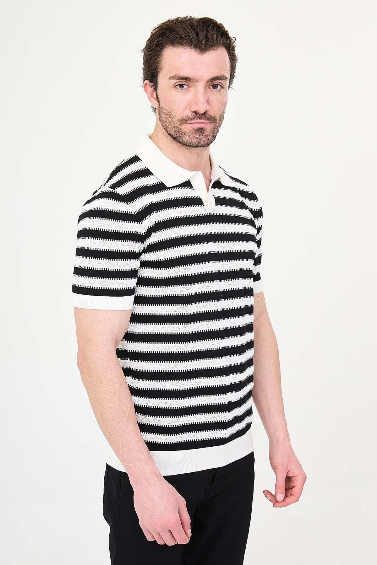 Men’s black slim fit lapel collar knitwear polo T-shirt with short sleeves, styled for smart-casual summer fashion.