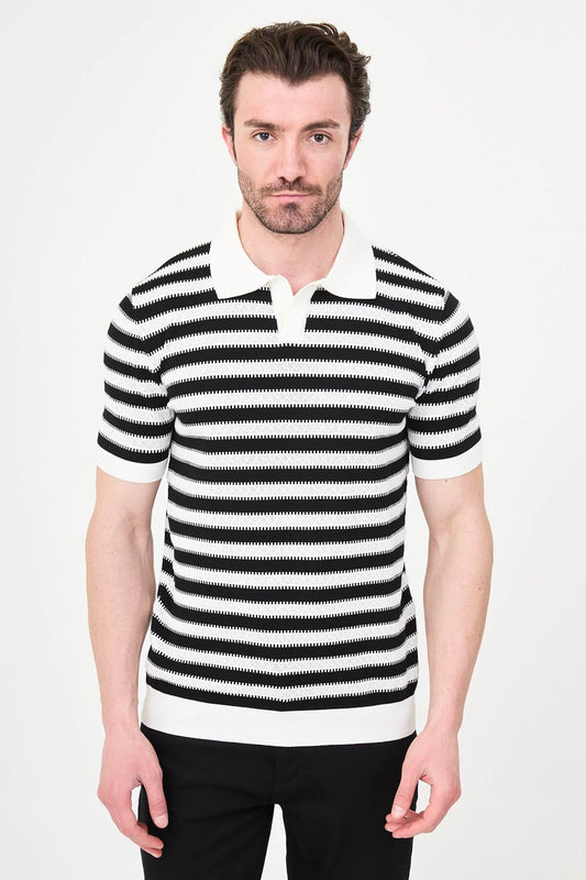 Men’s black slim fit lapel collar knitwear polo T-shirt with short sleeves, styled for smart-casual summer fashion.