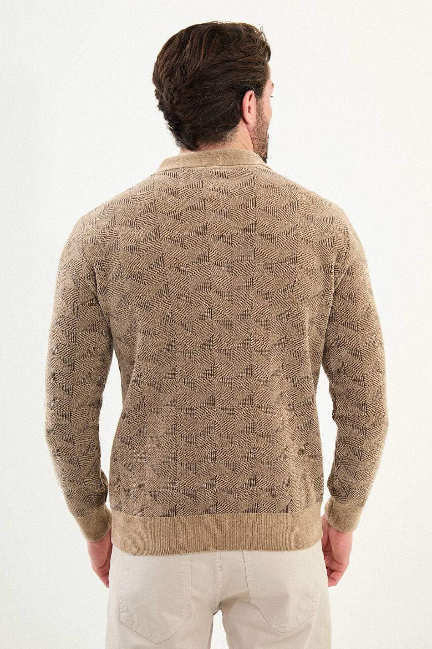 Men’s beige textured zip polo sweater with geometric knit pattern, slim fit smart casual knit styled with neutral trousers