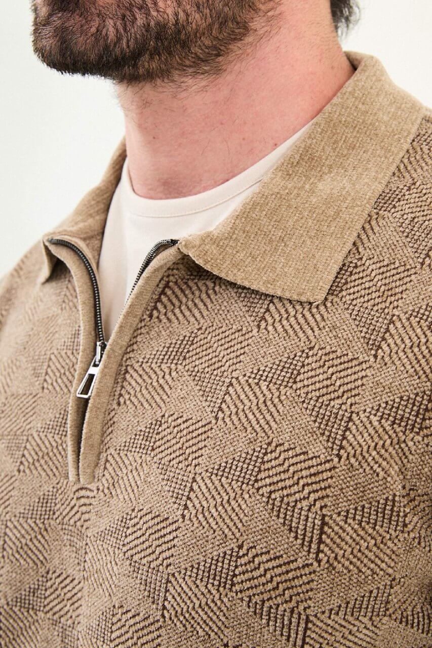 Men’s beige textured zip polo sweater with geometric knit pattern, slim fit smart casual knit styled with neutral trousers