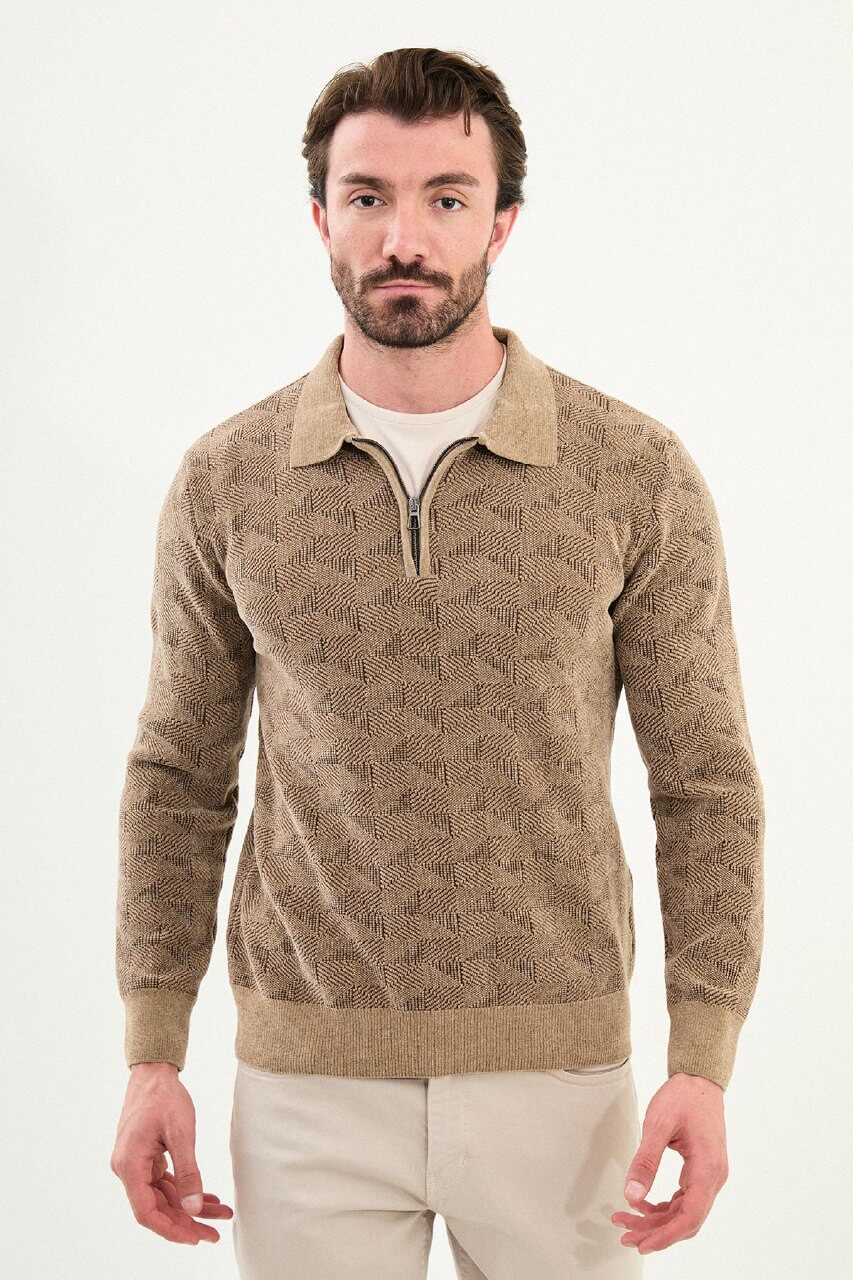 Men’s beige textured zip polo sweater with geometric knit pattern, slim fit smart casual knit styled with neutral trousers