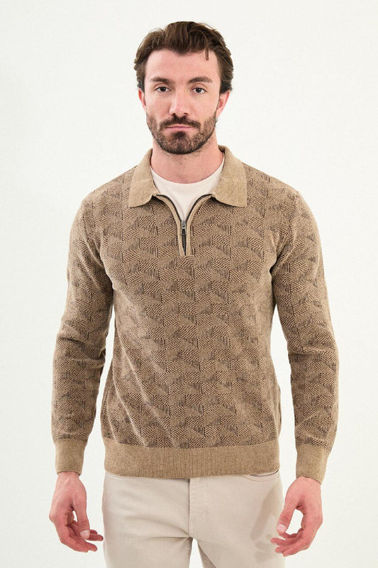Men’s beige textured zip polo sweater with geometric knit pattern, slim fit smart casual knit styled with neutral trousers
