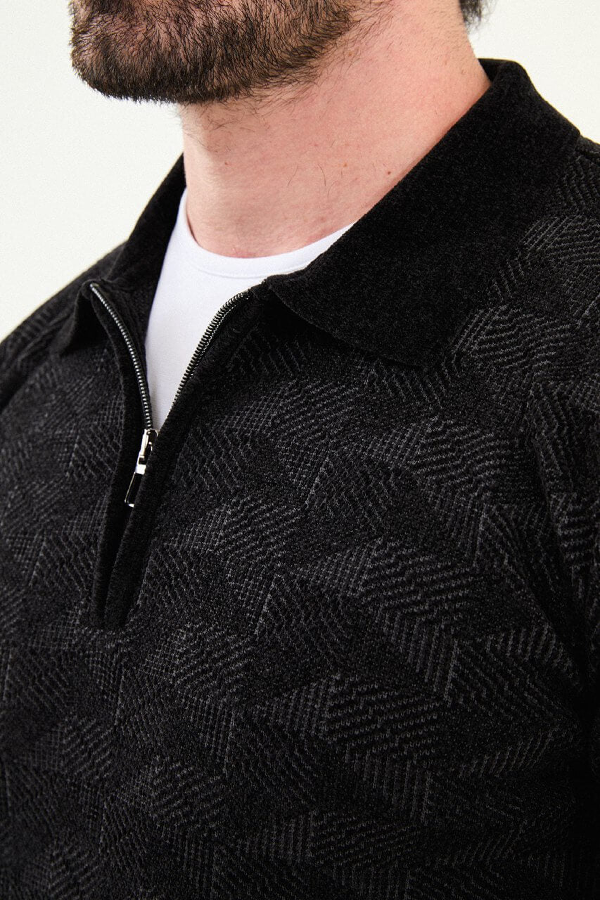Men’s black textured zip polo sweater with geometric knit pattern, slim fit smart casual knit styled with gray jeans