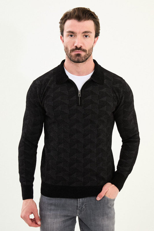 Men’s black textured zip polo sweater with geometric knit pattern, slim fit smart casual knit styled with gray jeans