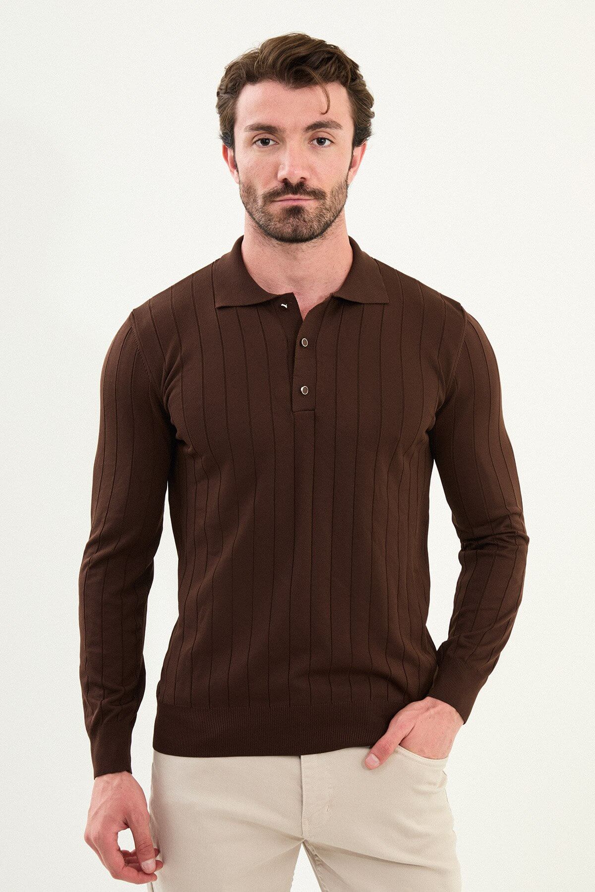 Men’s brown ribbed polo sweater with vertical knit pattern, slim fit smart casual knit styled with beige trousers