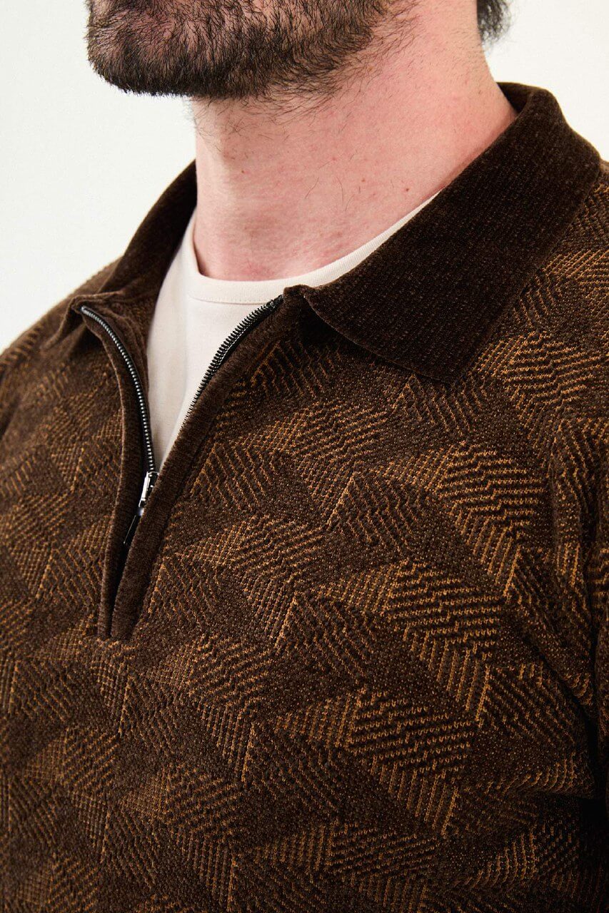 Men’s brown textured zip polo sweater with geometric knit pattern, slim fit smart casual knit styled with neutral trousers