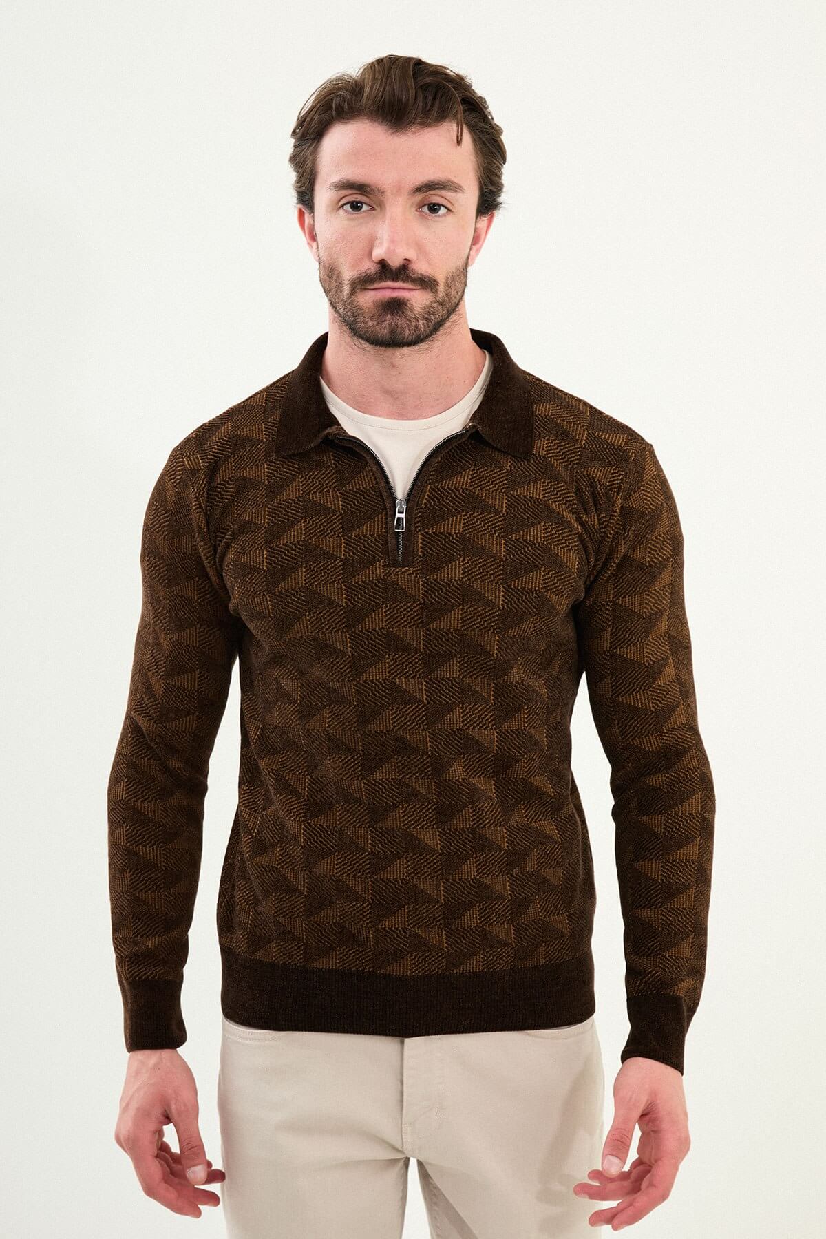 Men’s brown textured zip polo sweater with geometric knit pattern, slim fit smart casual knit styled with neutral trousers
