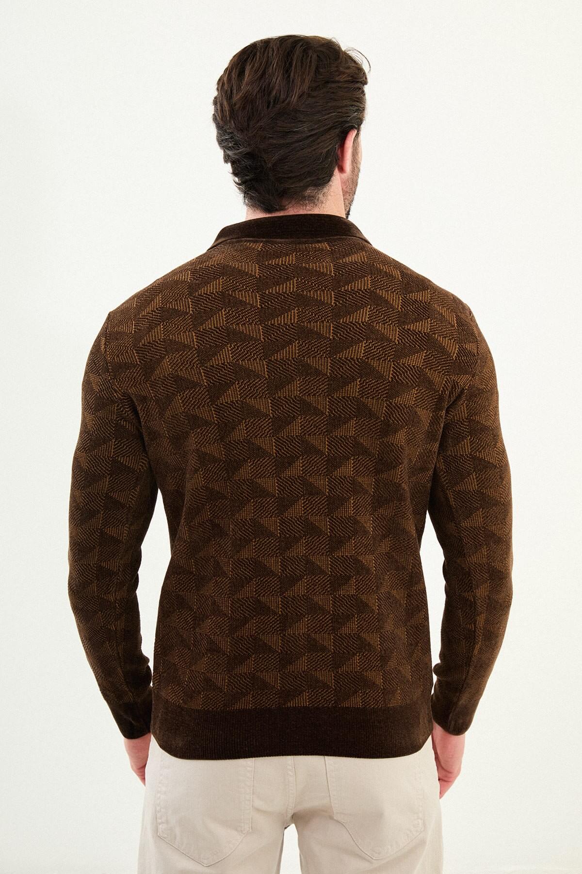 Men’s brown textured zip polo sweater with geometric knit pattern, slim fit smart casual knit styled with neutral trousers