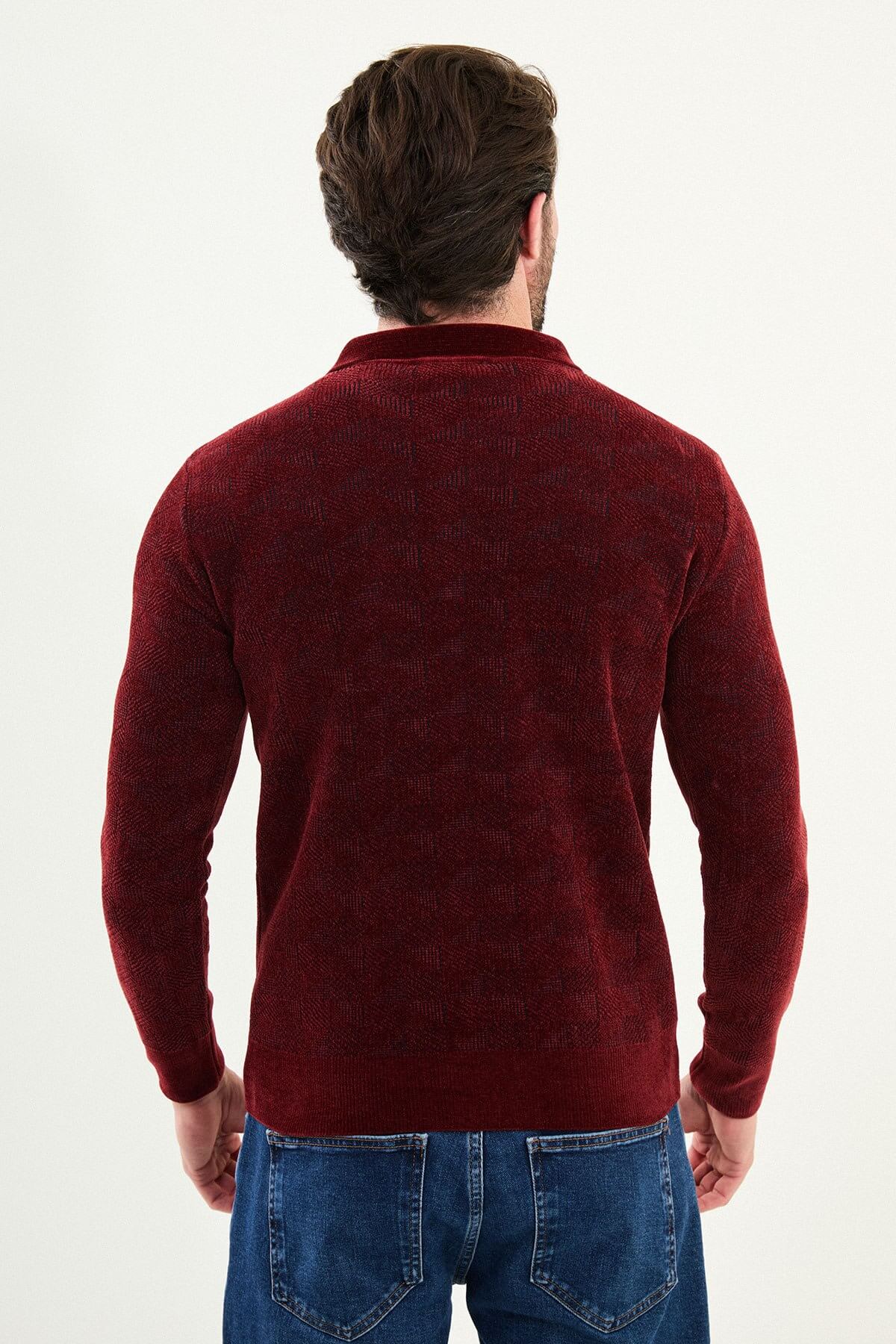 Men’s burgundy textured zip polo sweater with geometric knit pattern, slim fit smart casual knit styled with blue jeans