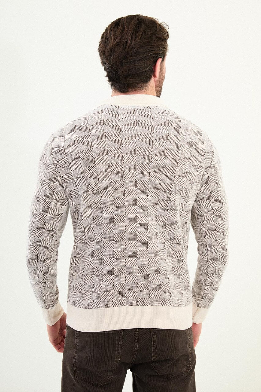 Men’s ecru textured zip polo sweater with geometric knit pattern, slim fit neutral smart casual sweater styled with brown trousers