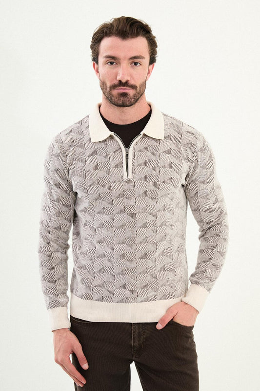 Men’s ecru textured zip polo sweater with geometric knit pattern, slim fit neutral smart casual sweater styled with brown trousers