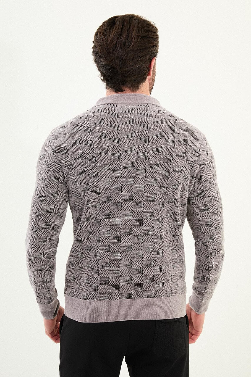 Men’s gray textured zip polo sweater with geometric knit pattern, slim fit smart casual knit styled with black trousers