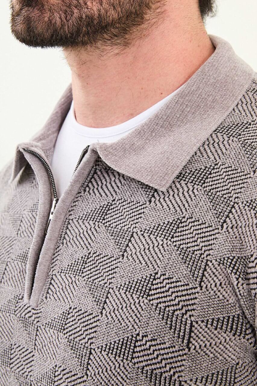 Men's Gray Textured Zip Polo Sweater. – HolloMen