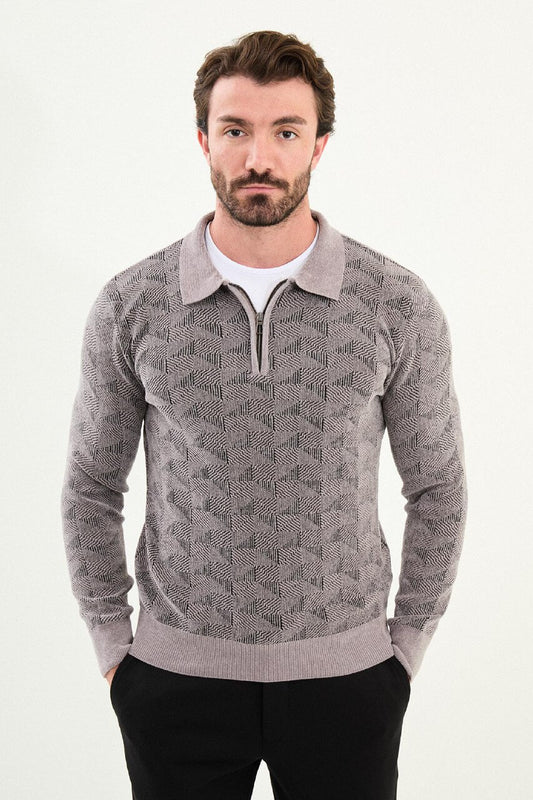 Men’s gray textured zip polo sweater with geometric knit pattern, slim fit smart casual knit styled with black trousers