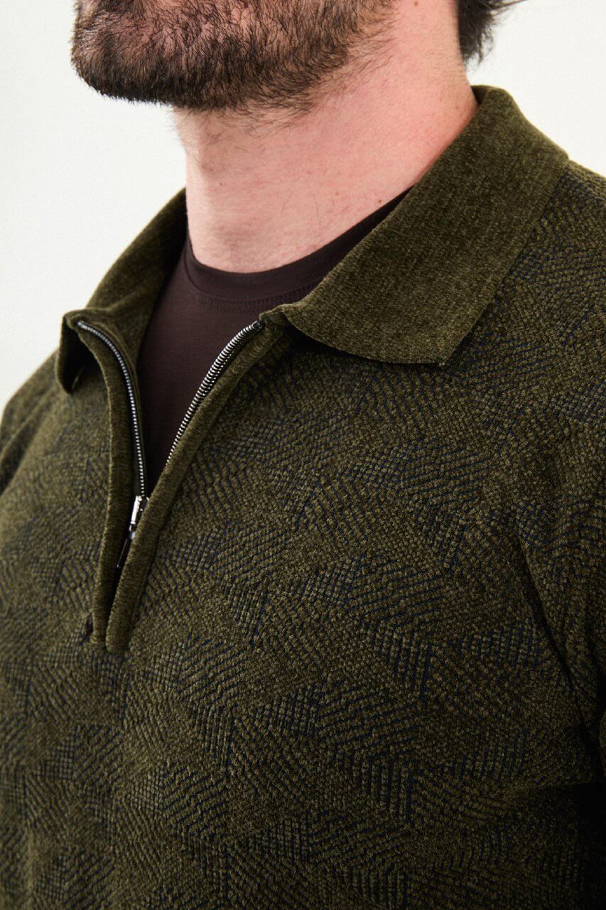 Men’s khaki textured zip polo sweater with geometric knit pattern, slim fit smart casual sweater styled with dark denim