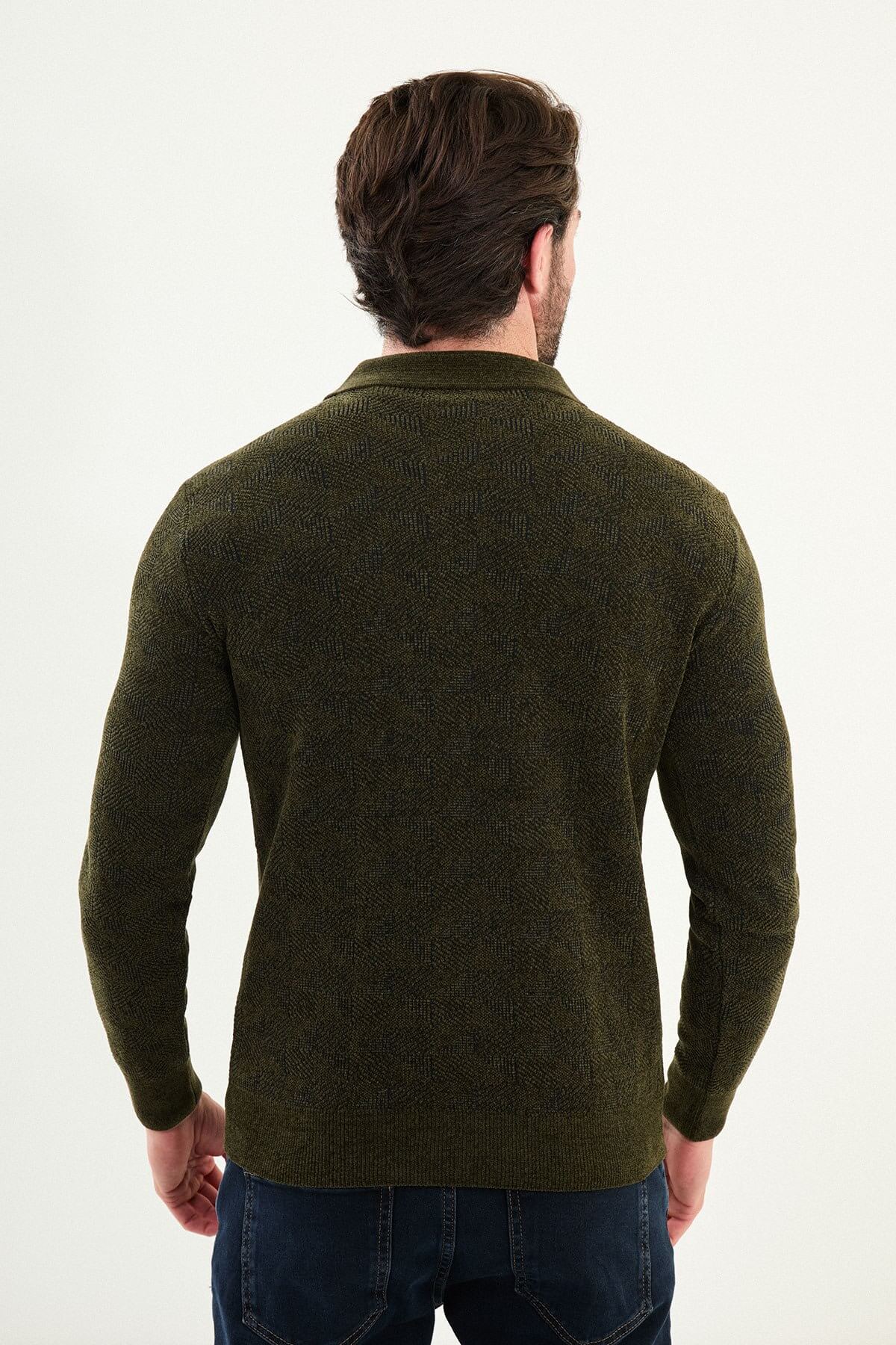 Men’s khaki textured zip polo sweater with geometric knit pattern, slim fit smart casual sweater styled with dark denim