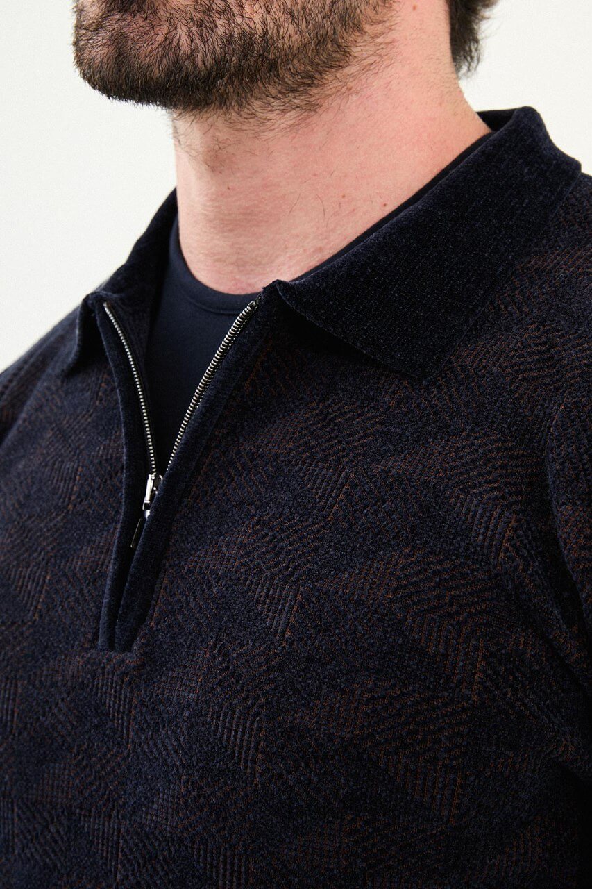 Men’s navy blue textured zip polo sweater with geometric knit pattern, slim fit smart casual knit styled with jeans