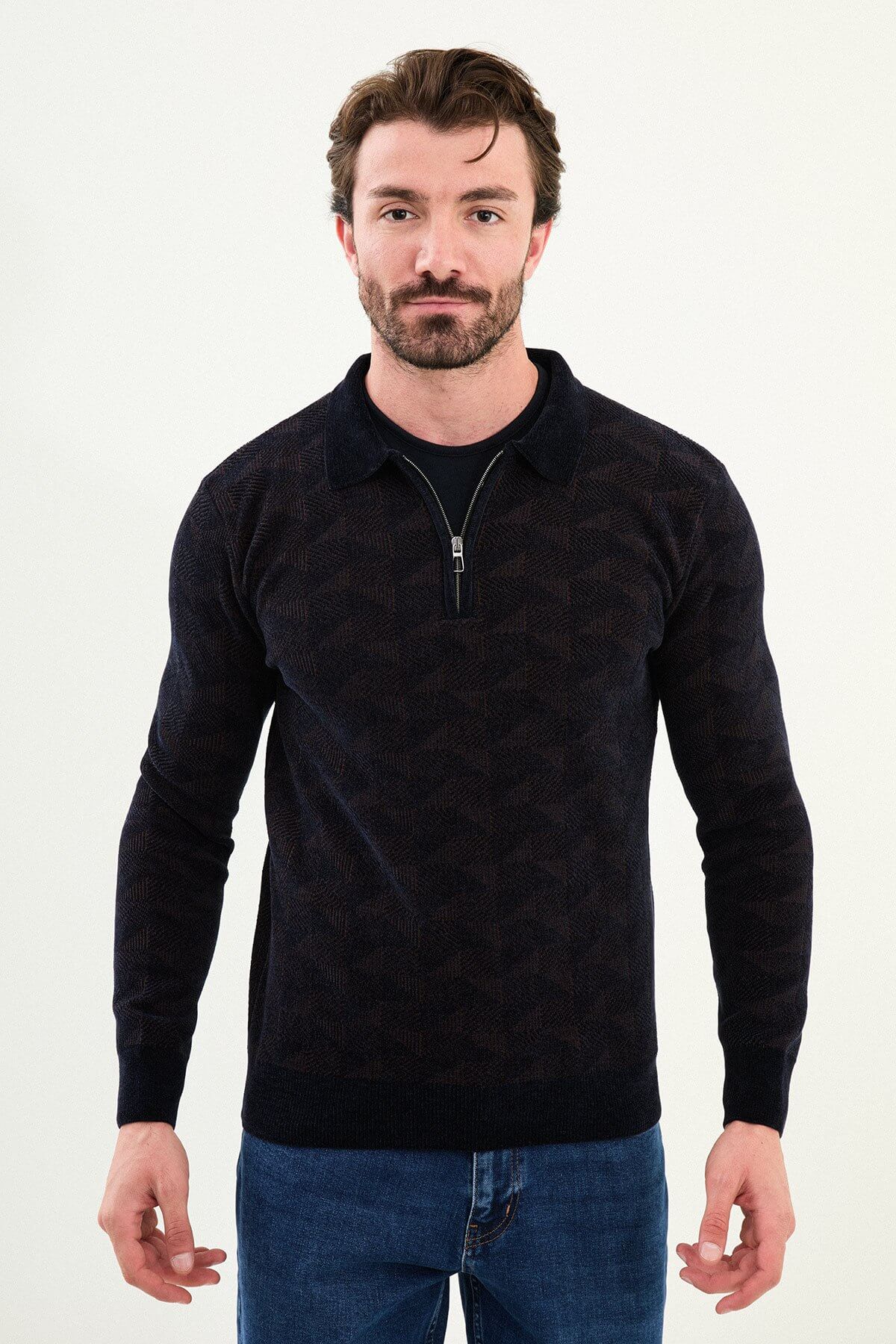 Men’s navy blue textured zip polo sweater with geometric knit pattern, slim fit smart casual knit styled with jeans