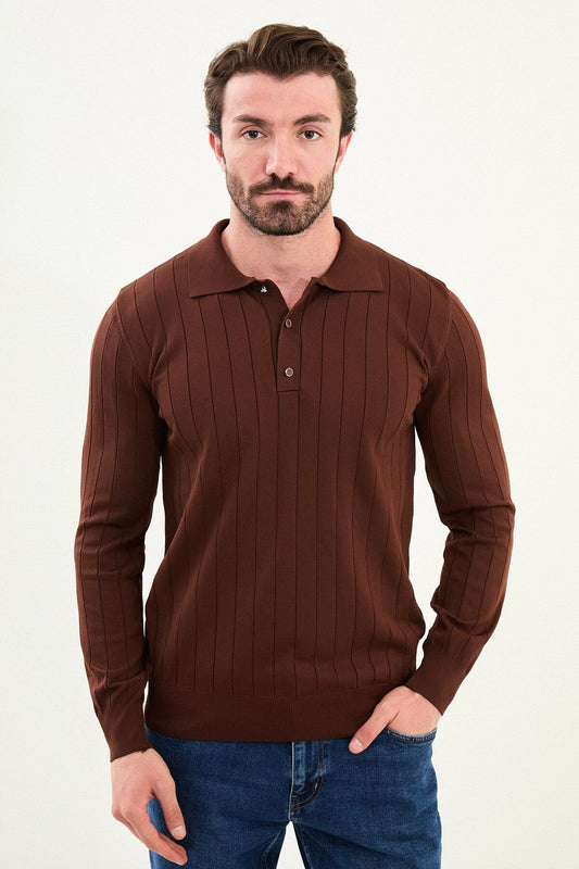 Men’s tile brown ribbed polo sweater with vertical knit pattern, slim fit smart casual knit styled with blue jeans