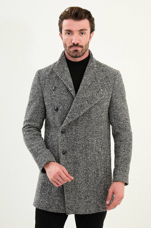 Grey herringbone double-breasted men’s coat styled with black turtleneck sweater. 