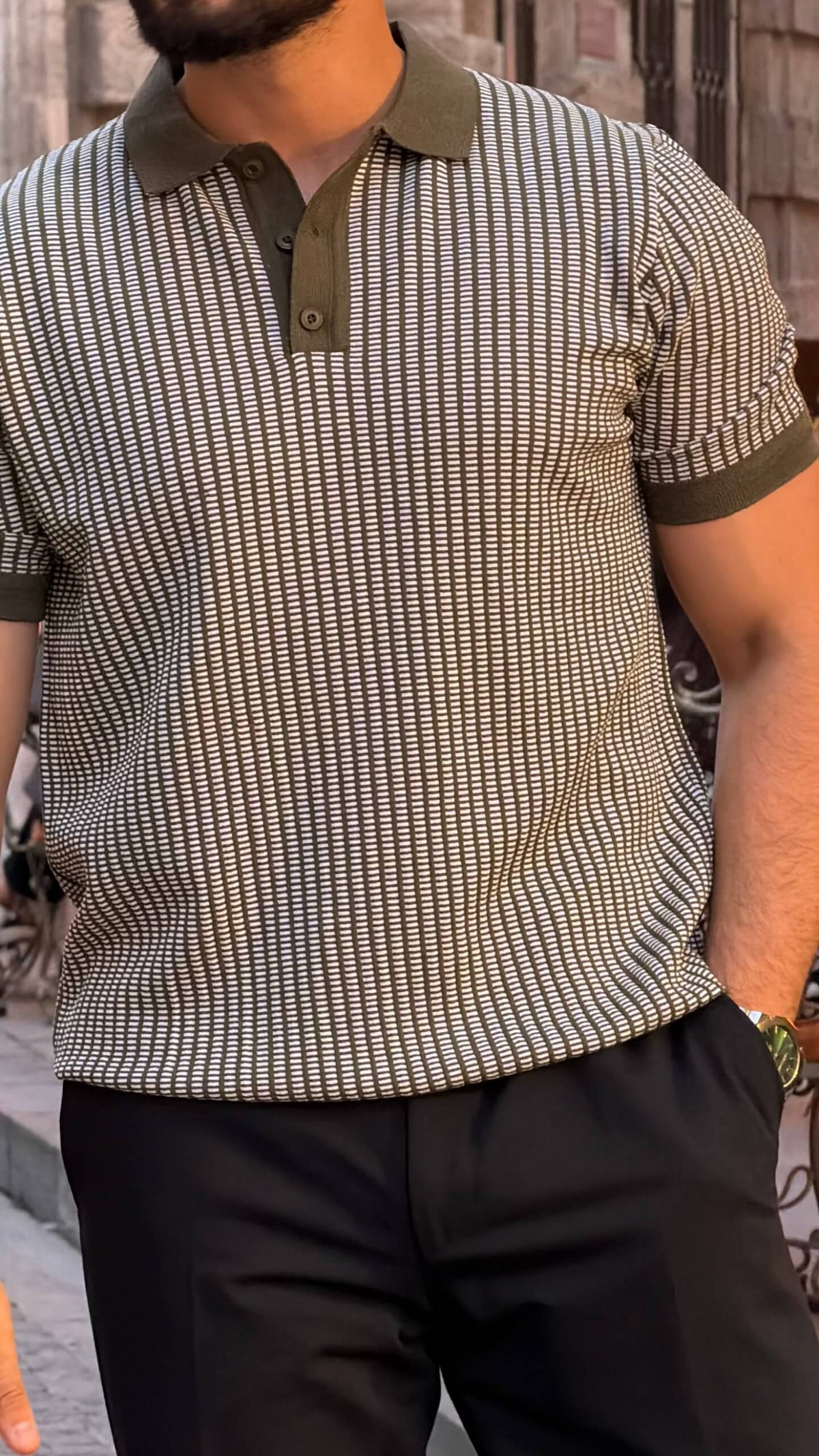 Men’s khaki textured polo shirt with short sleeves and premium smart casual styling