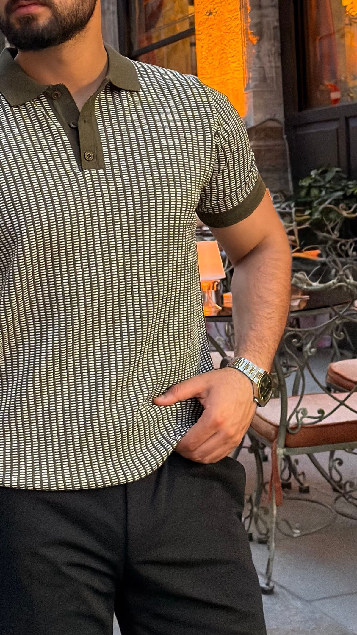 Men’s khaki textured polo shirt with short sleeves and premium smart casual styling