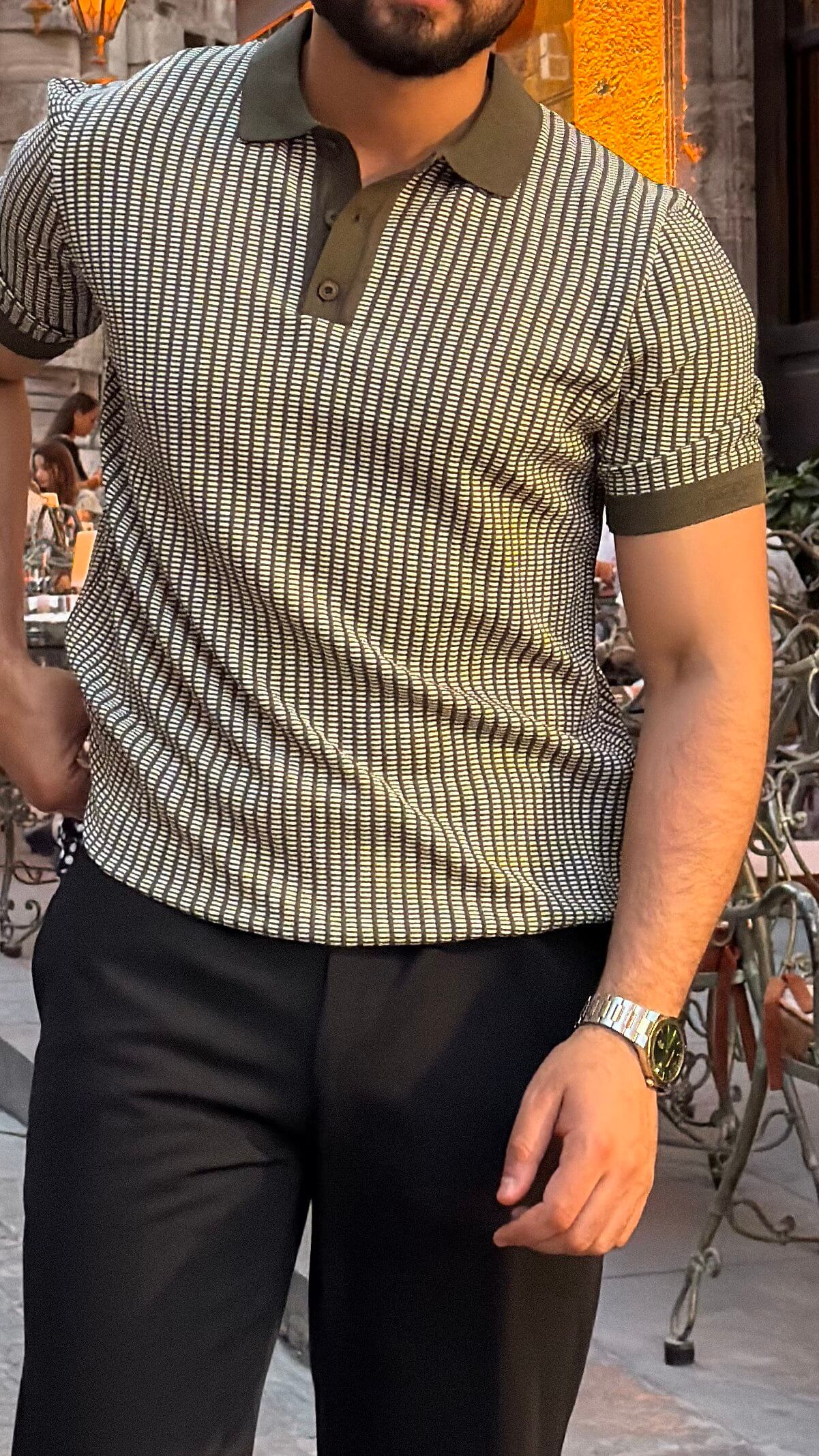 Men’s khaki textured polo shirt with short sleeves and premium smart casual styling