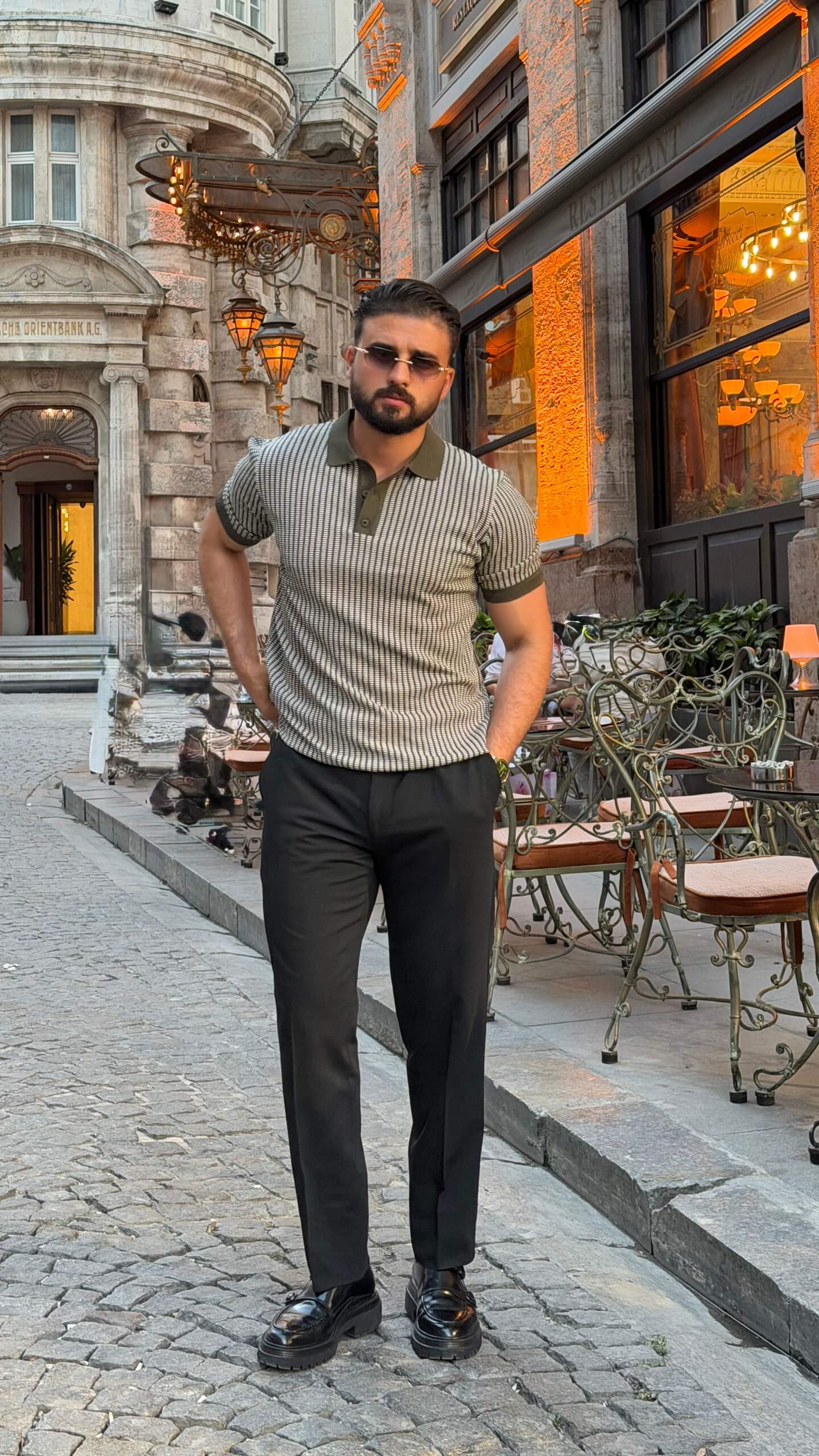 Men’s khaki textured polo shirt with short sleeves and premium smart casual styling