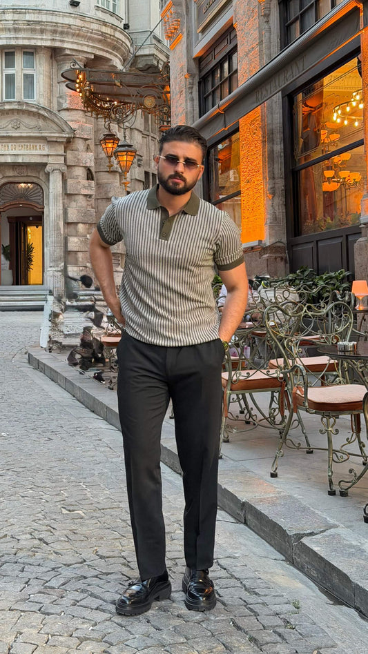 Men’s khaki textured polo shirt with short sleeves and premium smart casual styling