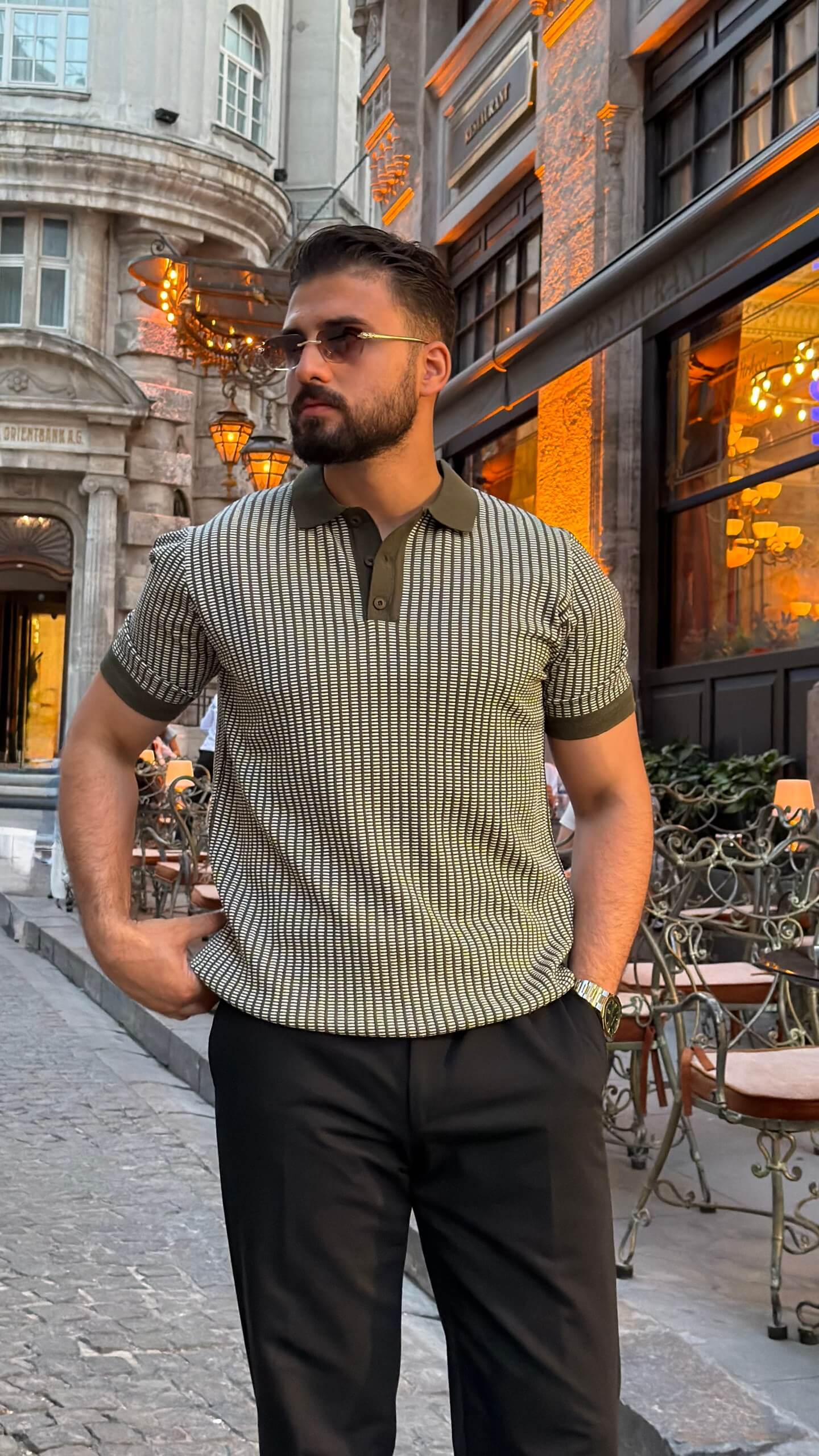 Men’s khaki textured polo shirt with short sleeves and premium smart casual styling