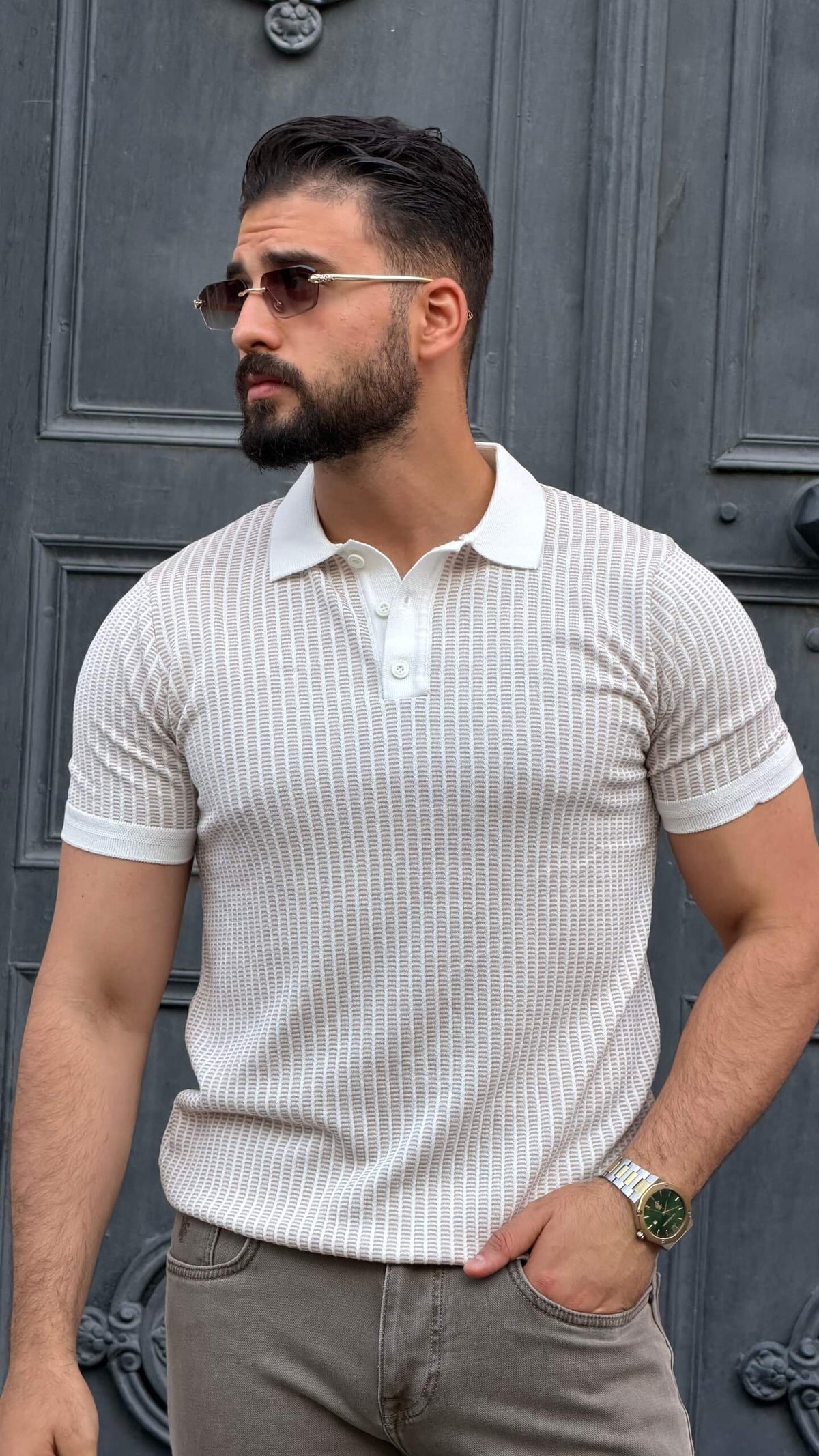 Men’s white beige textured polo shirt with short sleeves and premium smart casual summer style